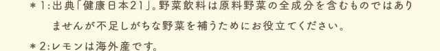 ＊1:出典「健康日本21」。野菜飲料は原料野菜の全成分を含むものではありませんが不足しがちな野菜を補うためにお役立てください。＊2:レモンは海外産です。