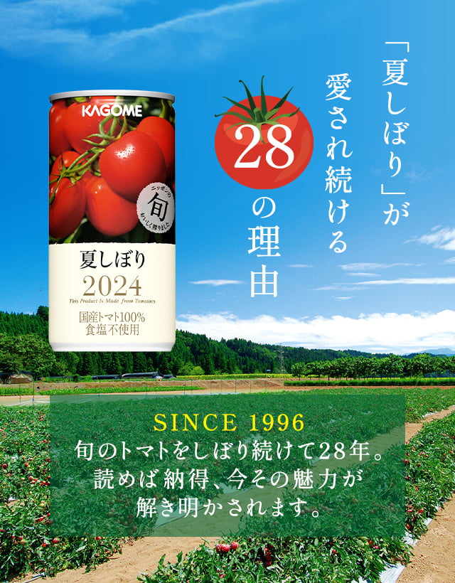 「夏しぼり」が愛され続ける28の理由 SINCE1986 旬のトマトをしぼり続けて28年。 読めば納得、今その魅力が解き明かされます。