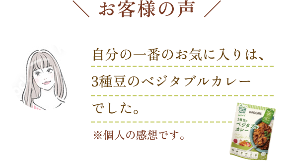 お客様の声 自分の一番のお気に入りは、3種豆のベジタブルカレーでした。 ※個人の感想です。