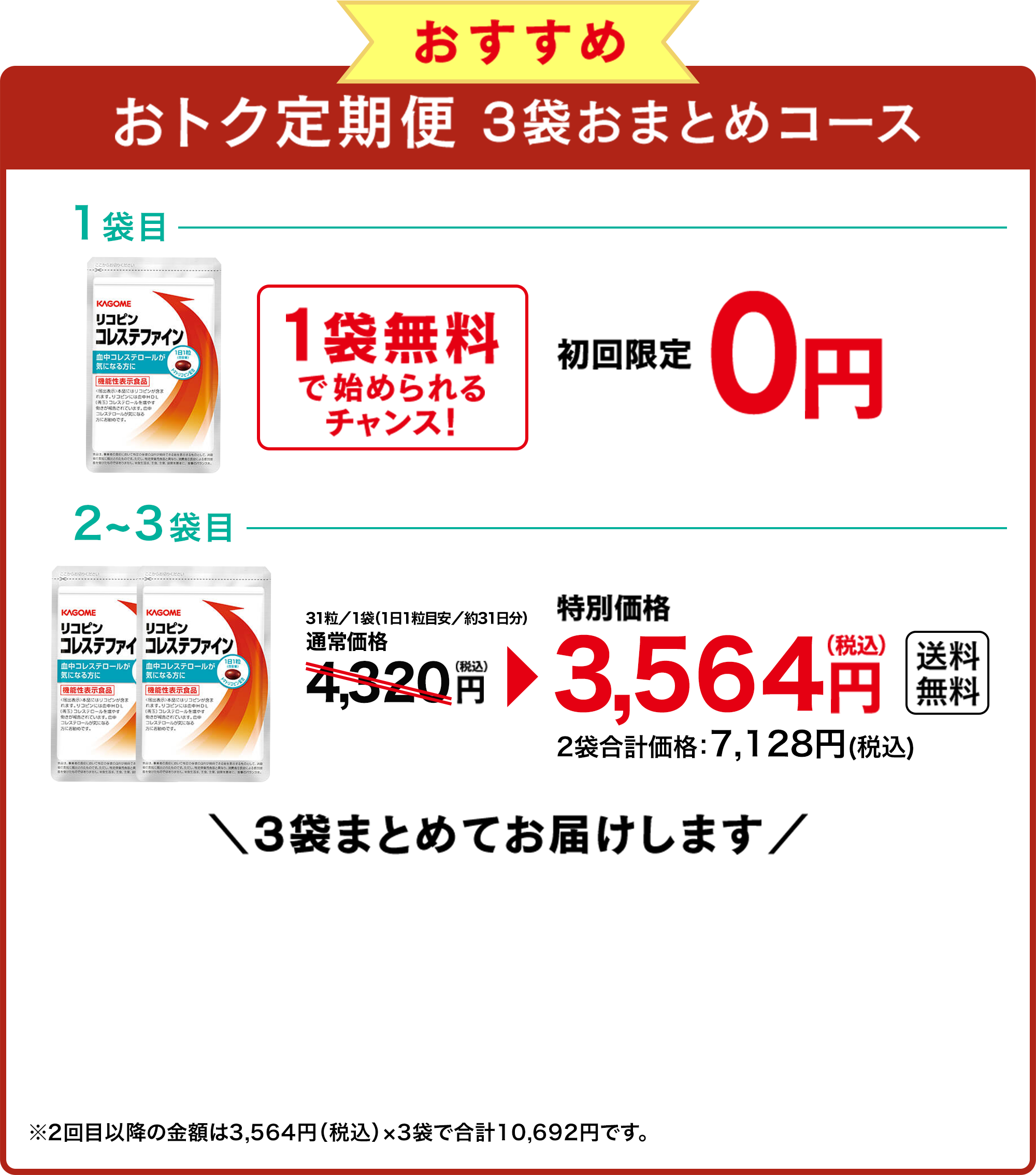 おすすめ おトク定期便 3袋おまとめコース １袋目 1袋無料で始められるチャンス！初回限定0円 2~3袋目 31粒／1袋（1日1粒目安／約31日分）通常価格4,320円（税込）が特別価格3,564円（税込）2袋合計価格：7,128円(税込)送料無料　3袋まとめてお届けします　※2回目以降の金額は3,564円（税込）×3袋で合計10,692円です。