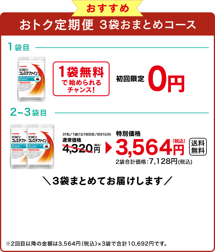 おすすめ おトク定期便 3袋おまとめコース １袋目 1袋無料で始められるチャンス！初回限定0円 2~3袋目 31粒／1袋（1日1粒目安／約31日分）通常価格4,320円（税込）が特別価格3,564円（税込）2袋合計価格：7,128円(税込)送料無料　3袋まとめてお届けします　※2回目以降の金額は3,564円（税込）×3袋で合計10,692円です。