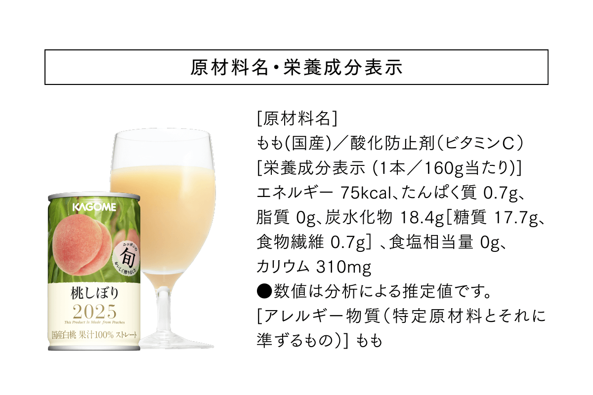 原材料名・栄養成分表示 [原材料名] もも(国産)／酸化防止剤（ビタミンＣ）[栄養成分表示 (1本／160g当たり)]エネルギー 75kcal、たんぱく質 0.7g、脂質 0g、炭水化物 18.4g［糖質 17.7g、食物繊維 0.7g］ 、食塩相当量 0g、カリウム 310mg ●数値は分析による推定値です。[アレルギー物質（特定原材料とそれに準ずるもの）] もも