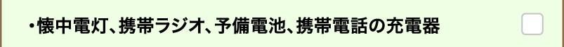 ・懐中電灯、携帯ラジオ、予備電池、携帯電話の充電器
