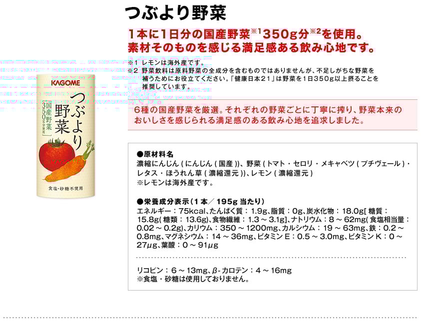 つぶより野菜1本に1日分の国産野菜※1350g分※2を使用。素材そのものを感じる満足感ある飲み心地です。※1レモンは海外産です。※2野菜飲料は原料野菜の全成分を含むものではありませんが、不足しがちな野菜を補うためにお役立てください。「健康日本21」は野菜を1日350g以上摂ることを推奨しています。6種の国産野菜を厳選。それぞれの野菜ごとに丁寧に搾り、野菜本来のおいしさを感じられる満足感のある飲み心地を追求しました。●原材料名濃縮にんじん(にんじん(国産))、野菜(トマト・セロリ・メキャベツ(プチヴェール)・レタス・ほうれん草(濃縮還元))、レモン(濃縮還元)※レモンは海外産です。●栄養成分表示（1本／195g当たり）エネルギー：75kcal、たんぱく質：1.9g、脂質：0g、炭水化物：18.0g[糖質：15.8g(糖類：13.6g)、食物繊維：1.3～3.1g]、ナトリウム：8～62mg(食塩相当量：0.02～0.2g)、カリウム：350～1200mg、カルシウム：19～63mg、鉄：0.2～0.8mg、マグネシウム：14～36mg、ビタミンE：0.5～3.0mg、ビタミンK：0～27μg、葉酸：0～91μgリコピン：6～13mg、β-カロテン：4～16mg※食塩・砂糖は使用しておりません。