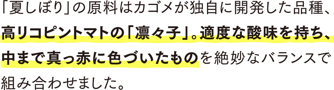 「夏しぼり」の原料はカゴメが独自に開発した品種、高リコピントマトの「凛々子」。適度な酸味を持ち、中まで真っ赤に色づいたものを絶妙なバランスで組み合わせました。