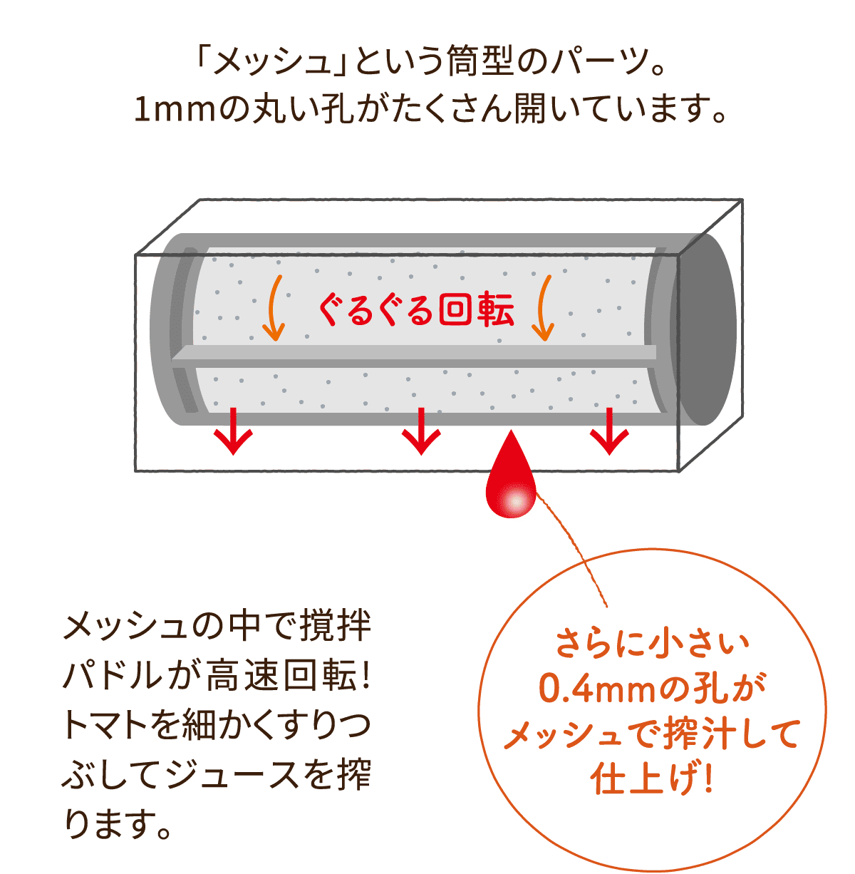 「メッシュ」という筒型のパーツ。1mmの丸い孔がたくさん開いています。メッシュの中で撹拌パドルが高速回転!トマトを細かくすりつぶしてジュースを搾ります。さらに小さい0.4mmの孔がメッシュで搾汁して仕上げ!