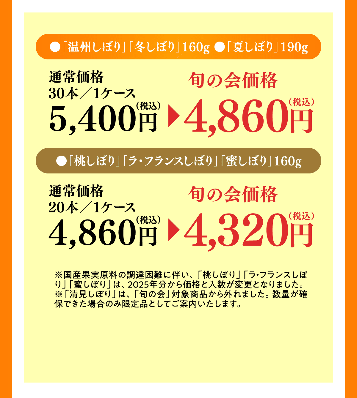 「温州しぼり」「冬しぼり」160g・「夏しぼり」190g 30本／1ケース 通常価格5,400円（税込）が旬の会価格4,860円（税込）、「桃しぼり」「ラ・フランスしぼり」「蜜しぼり」160g 20本／1ケース 通常価格4,860円（税込）が旬の会価格4,320円（税込）