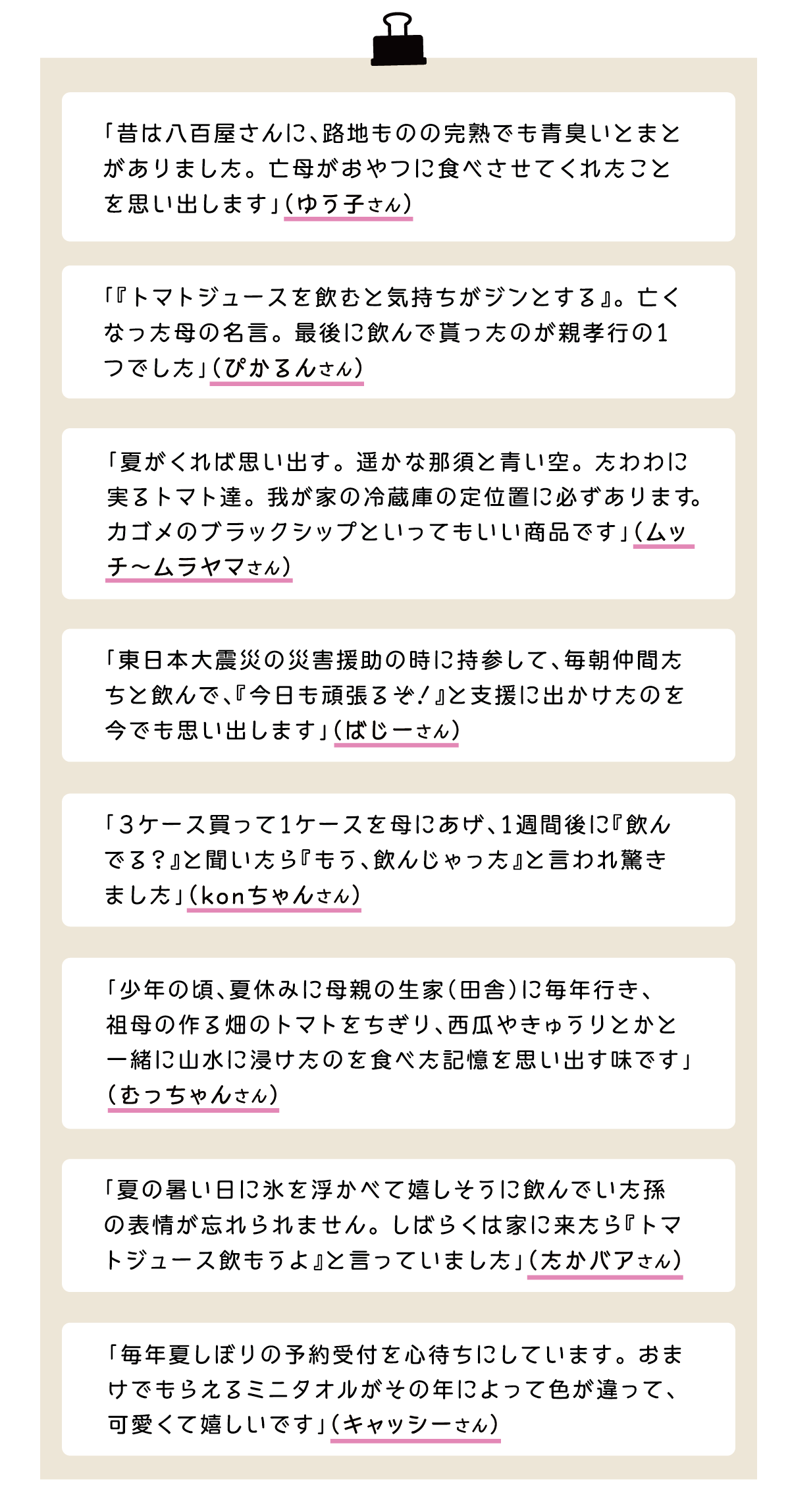 「昔は八百屋さんに、路地ものの完熟でも青臭いとまとがありました。亡母がおやつに食べさせてくれたことを思い出します」（ゆう子さん） 「『トマトジュースを飲むと気持ちがジンとする』。亡くなった母の名言。最後に飲んで貰ったのが親孝行の１つでした」（ぴかるんさん） 「夏がくれば思い出す。 遥かな那須と青い空。たわわに実るトマト達。我が家の冷蔵庫の定位置に必ずあります。カゴメのブラックシップといってもいい商品です」（ムッチ〜ムラヤマさん） 「東日本大震災の災害援助の時に持参して、毎朝仲間たちと飲んで、『今日も頑張るぞ！』と支援に出かけたのを今でも思い出します」（ばじーさん） 「3ケース買って１ケースを母にあげ、１週間後に『飲んでる？』と聞いたら『もう、飲んじゃった』と言われ驚きました」（konちゃんさん） 「少年の頃、夏休みに母親の生家（田舎）に毎年行き、祖母の作る畑のトマトをちぎり、西瓜やきゅうりとかと一緒に山水に浸けたのを食べた記憶を思い出す味です」（むっちゃんさん） 「夏の暑い日に氷を浮かべて嬉しそうに飲んでいた孫の表情が忘れられません。しばらくは家に来たら『トマトジュース飲もうよ』と言っていました」（たかバアさん） 「毎年夏しぼりの予約受付を心待ちにしています。おまけでもらえるミニタオルがその年によって色が違って、可愛くて嬉しいです」（キャッシーさん）