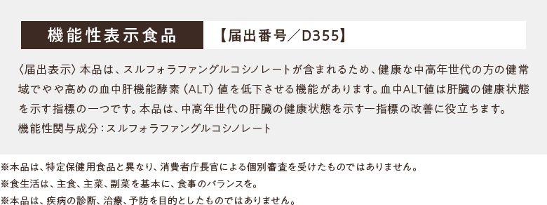 機能性表示食品 【届出番号／D355】〈届出表示〉本品は、スルフォラファングルコシノレートが含まれるため、健康な中高年世代の方の健常域でやや高めの血中肝機能酵素（ALT）値を低下させる機能があります。血中ALT値は肝臓の健康状態を示す指標の一つです。本品は、中高年世代の肝臓の健康状態を示す一指標の改善に役立ちます。機能性関与成分：スルフォラファングルコシノレート ※本品は、特定保健用食品と異なり、消費者庁長官による個別審査を受けたものではありません。※食生活は、主食、主菜、副菜を基本に、食事のバランスを。※本品は、疾病の診断、治療、予防を目的としたものではありません。