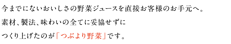 今までにないおいしさの野菜ジュースを直接お客様のお手元へ。素材、製法、味わいの全てに妥協せずにつくり上げたのが「つぶより野菜」です。