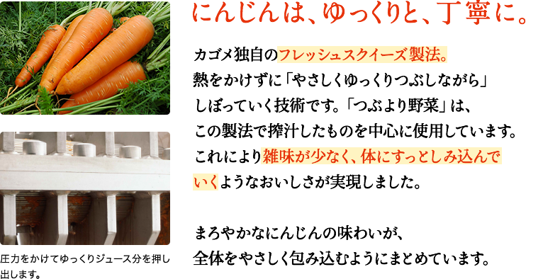 にんじんは、ゆっくりと、丁寧に。　カゴメ独自のフレッシュスクイーズ製法。熱をかけずに「やさしくゆっくりつぶしながら」しぼっていく技術です。これにより雑味が少なく、体にすっとしみ込んでいくようなおいしさが実現しました。「つぶより野菜」にもこの製法を採用しています。 まろやかなにんじんの味わいが、全体をやさしく包み込むようにまとめています。