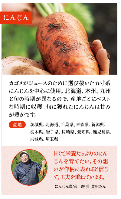 にんじん　カゴメがジュースのために選び抜いた五寸系にんじんを中心に使用。北海道、本州、九州と旬の時期が異なるので、産地ごとにベストな時期に収穫。旬にとれたにんじんは甘みが豊かです。　産地 茨城県、北海道、千葉県、青森県、新潟県、栃木県、岩手県、長崎県、愛知県、鹿児島県、宮城県、埼玉県　にんじん農家　高根澤 和義さん　甘みが強く、臭みも少ないので苦手な方でもおいしくいただけると思います。