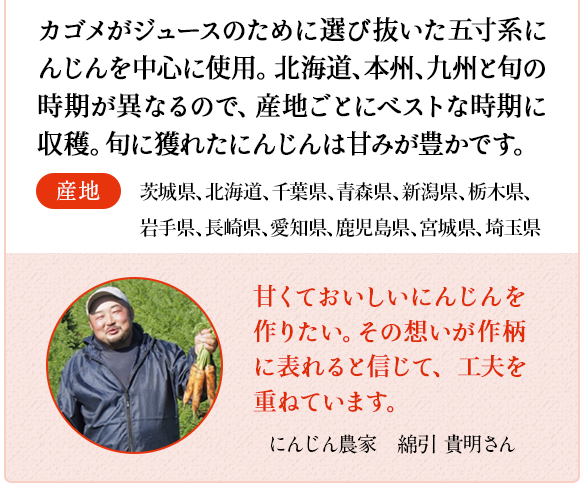 にんじん　カゴメがジュースのために選び抜いた五寸系にんじんを中心に使用。北海道、本州、九州と旬の時期が異なるので、産地ごとにベストな時期に収穫。旬にとれたにんじんは甘みが豊かです。　産地 茨城県、北海道、千葉県、青森県、新潟県、栃木県、岩手県、長崎県、愛知県、鹿児島県、宮城県、埼玉県　にんじん農家　高根澤 和義さん　甘みが強く、臭みも少ないので苦手な方でもおいしくいただけると思います。