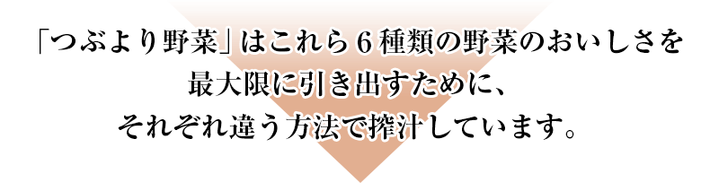 「つぶより野菜」はこれら６種類の野菜のおいしさを最大限に引き出すために、それぞれ違う方法で搾汁しています。